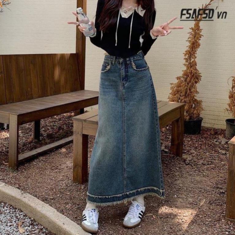 Chân váy jeans dáng dài tua rua - 23 August Store - Cv6877/P0k40