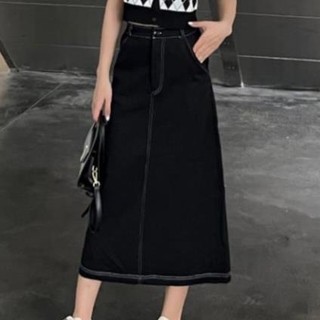 Chân váy jean dáng midi lưng cao hàn quốc màu đen chỉ nổi - . - 8804_p0k31