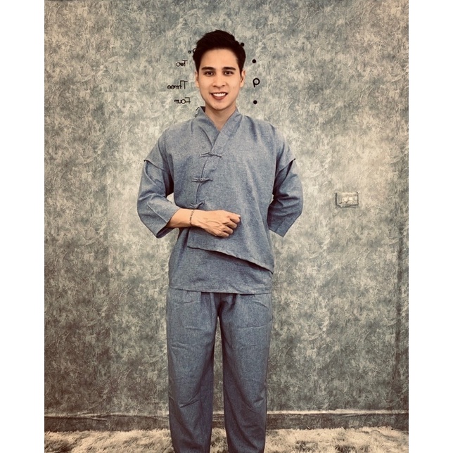Đồ lam đi chùa nam cao cấp-Pháp phục nam vạt chéo lạ mắt, trang nghiêm vải linen Quảng Châu dày đẹp đủ size