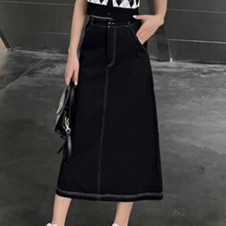 Chân váy jean dáng midi lưng cao hàn quốc màu đen chỉ nổi - . - 8804_p0k31