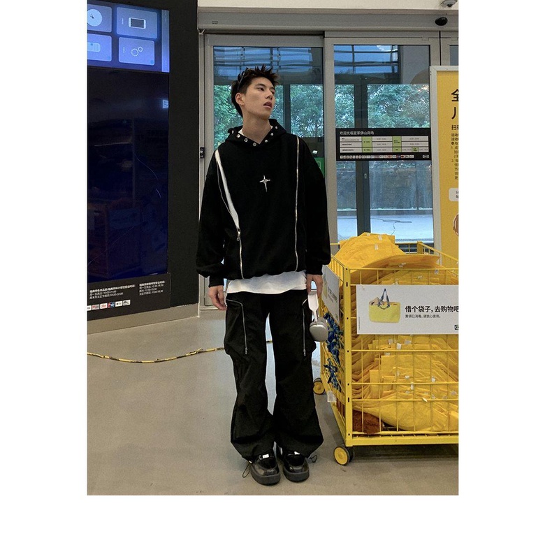 Áo Khoác Hoodie Phối Khóa Kéo Đôi Phong Cách hip hop Thời Trang Xuân Thu Cho Nam Và Nữ