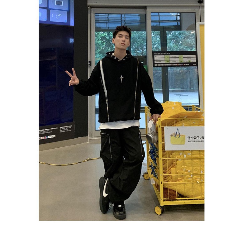 Áo Khoác Hoodie Phối Khóa Kéo Đôi Phong Cách hip hop Thời Trang Xuân Thu Cho Nam Và Nữ