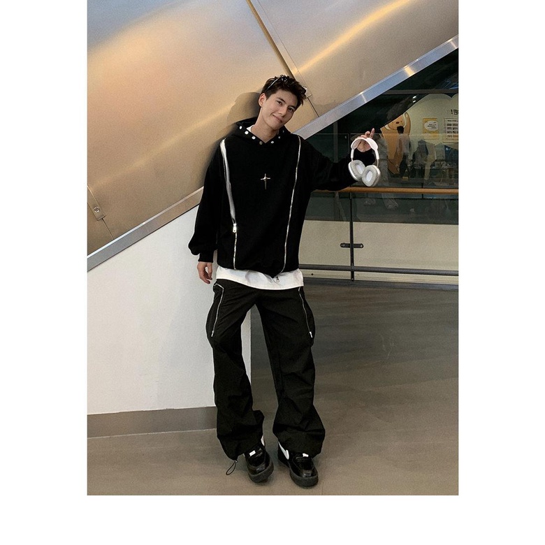 Áo Khoác Hoodie Phối Khóa Kéo Đôi Phong Cách hip hop Thời Trang Xuân Thu Cho Nam Và Nữ