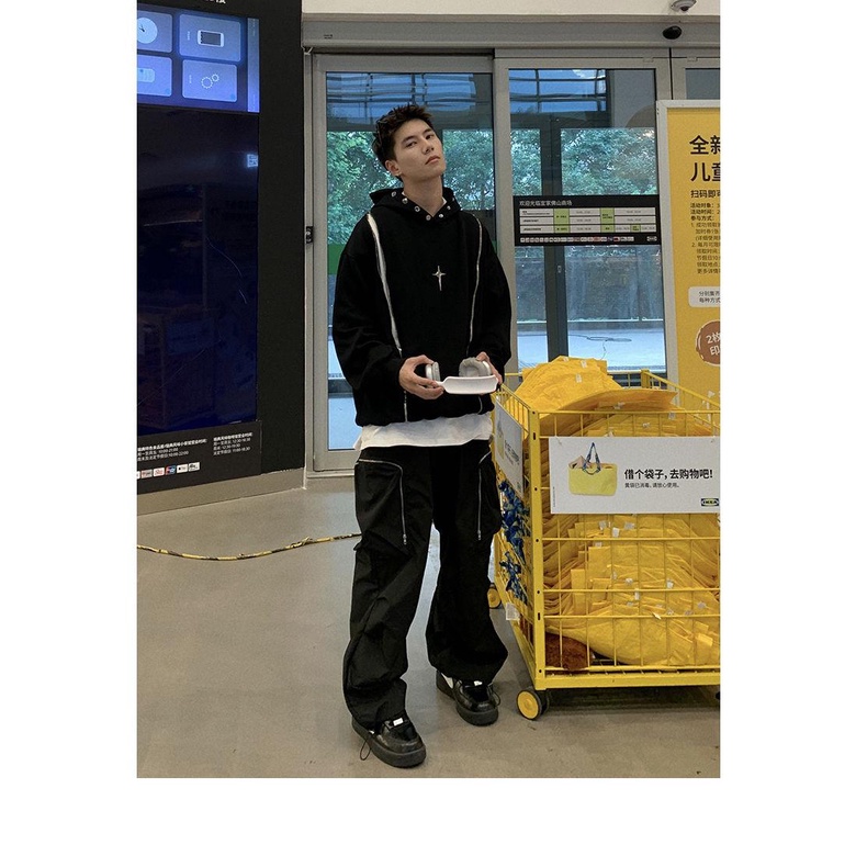 Áo Khoác Hoodie Phối Khóa Kéo Đôi Phong Cách hip hop Thời Trang Xuân Thu Cho Nam Và Nữ