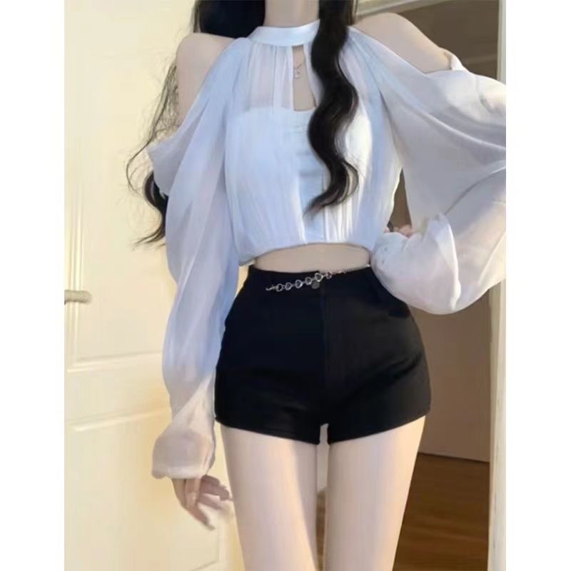 Áo Kiểu Trễ Vai Tay Dài Kèm Quần Ngắn Lưng Cao Thời Trang Mùa Thu Mới Cho Nữ