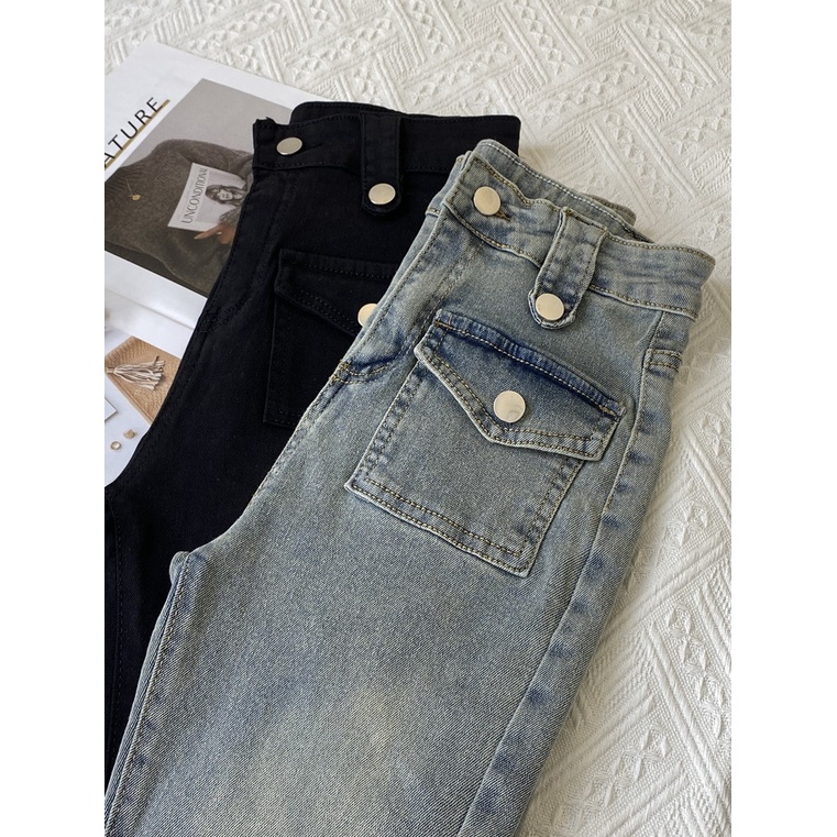 Jiashucheng Thắt Lưng Quần jeans Ống Loe Màu Đen Nhạt Dễ Phối Đồ Thời Trang Mùa Thu Mới Cho Nữ