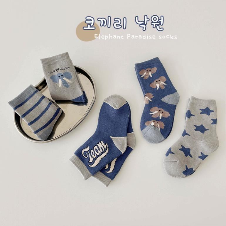 Set 5 đôi tất cotton voi xanh bé trai , gái sợi bông mềm mại thoáng khi khử mùi Softie te11