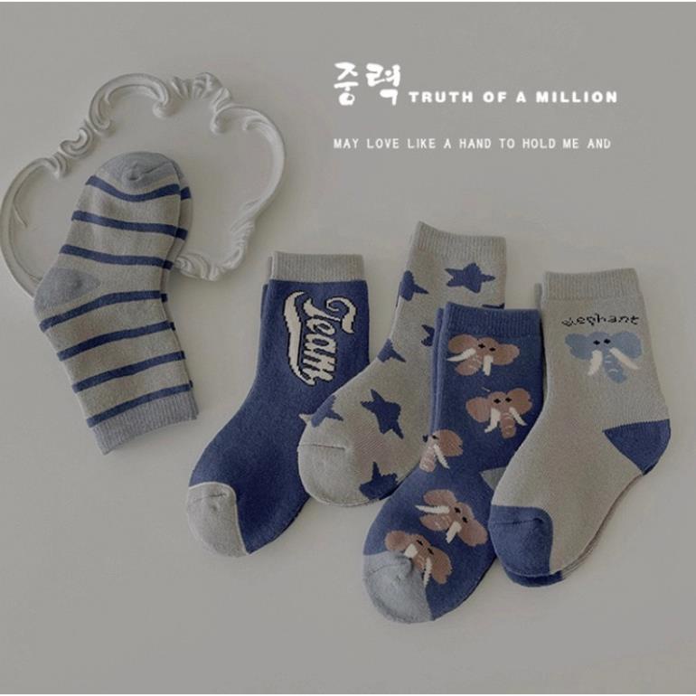 Set 5 đôi tất cotton voi xanh bé trai , gái sợi bông mềm mại thoáng khi khử mùi Softie te11