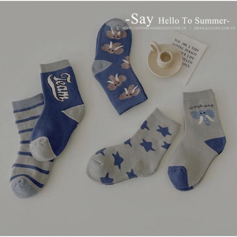 Set 5 đôi tất cotton voi xanh bé trai , gái sợi bông mềm mại thoáng khi khử mùi Softie te11