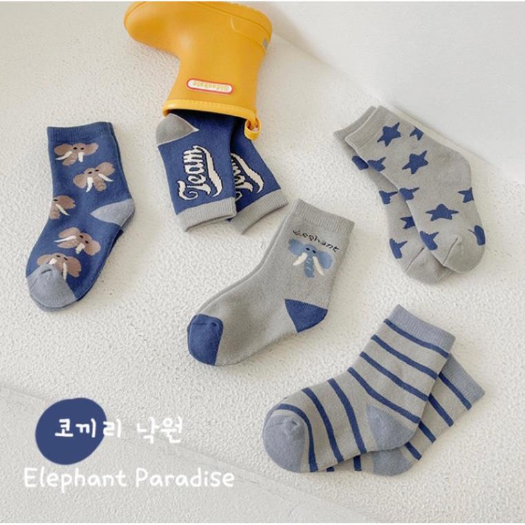 Set 5 đôi tất cotton voi xanh bé trai , gái sợi bông mềm mại thoáng khi khử mùi Softie te11