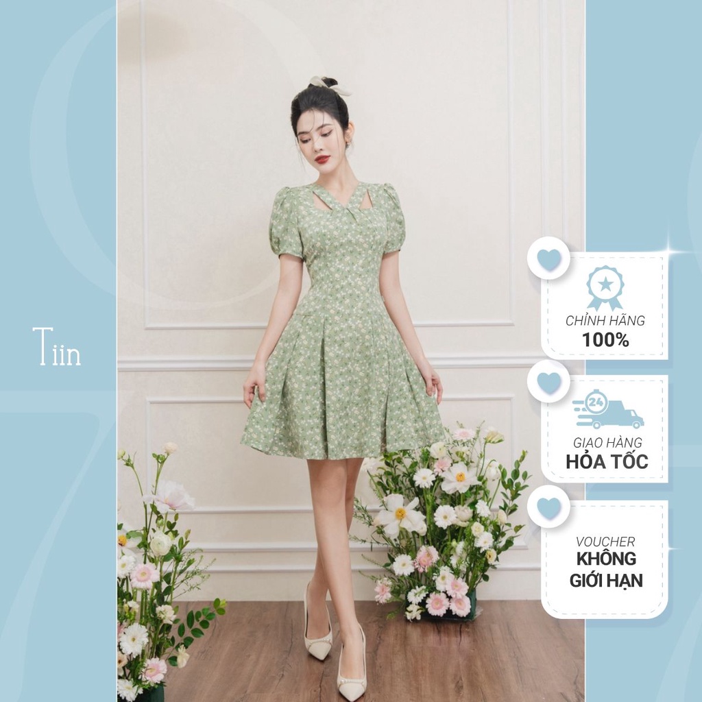 Váy hoa nhí cổ V cách điệu, Đầm xoè tôn dáng tay bồng chất liệu tằm hàn không nhăn nhàu cao cấp TIINSTORE VHN786