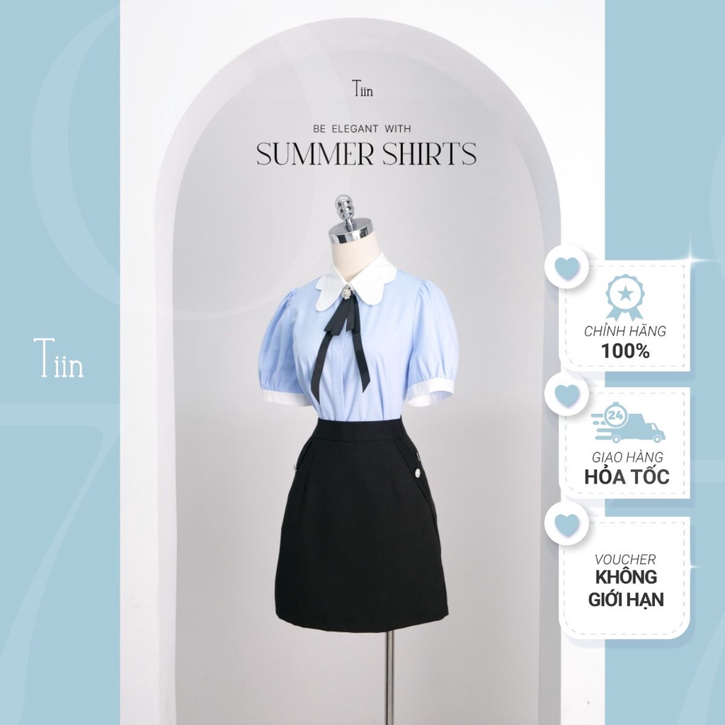 Áo sơ mi nữ cổ đức lượn cánh hoa kèm nơ chất thô tre thoáng mát Tiin Store - AHN764