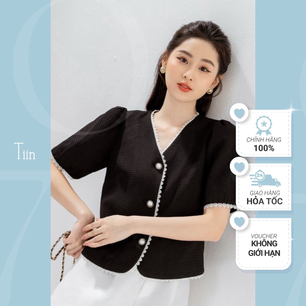 Áo Sơ Mi Cổ Tim Phối Ren Chất Tacta Hạt Đứng Form, Không Nhăn Tiinstore Ahn334