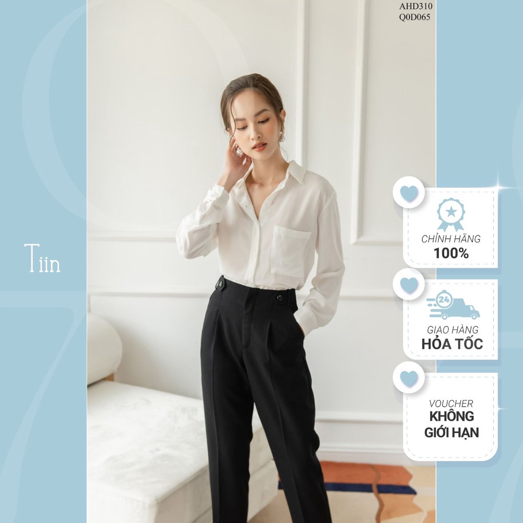TIIN STORE Áo sơ mi cổ đức túi ngực tay măng sec vạt tròn AHD310
