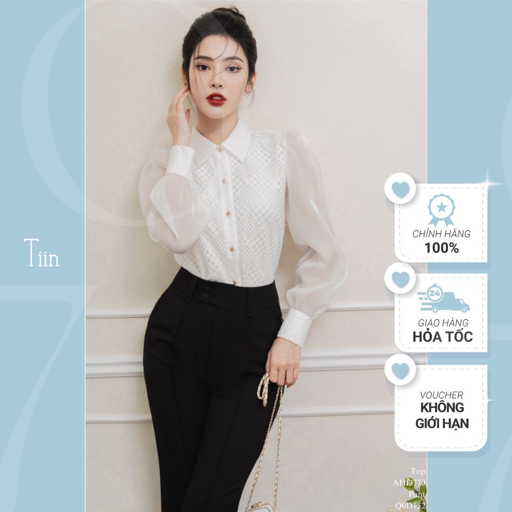 Áo sơ mi nữ cổ đức thân phối ren tay ren Tiin Store - AHD770