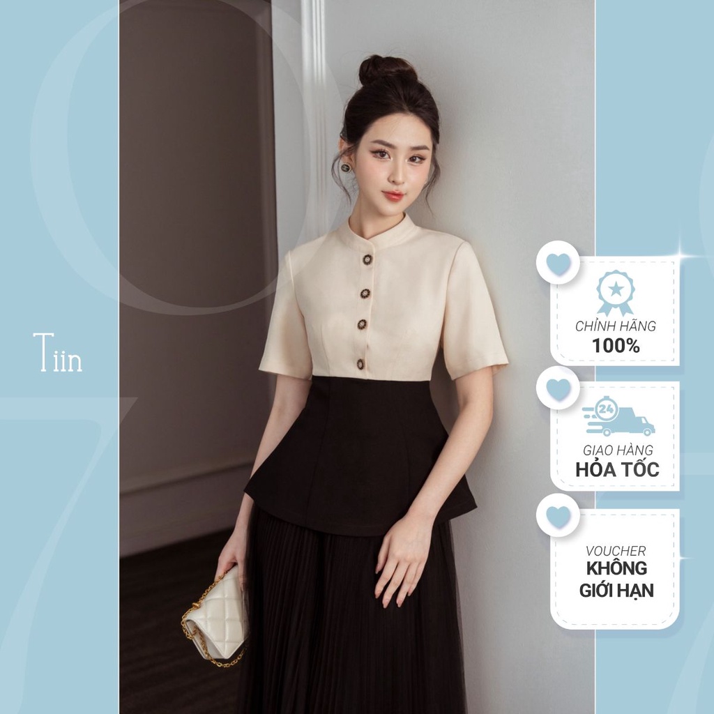 Áo cổ tàu phối màu peplum TIINSTORE AHN713