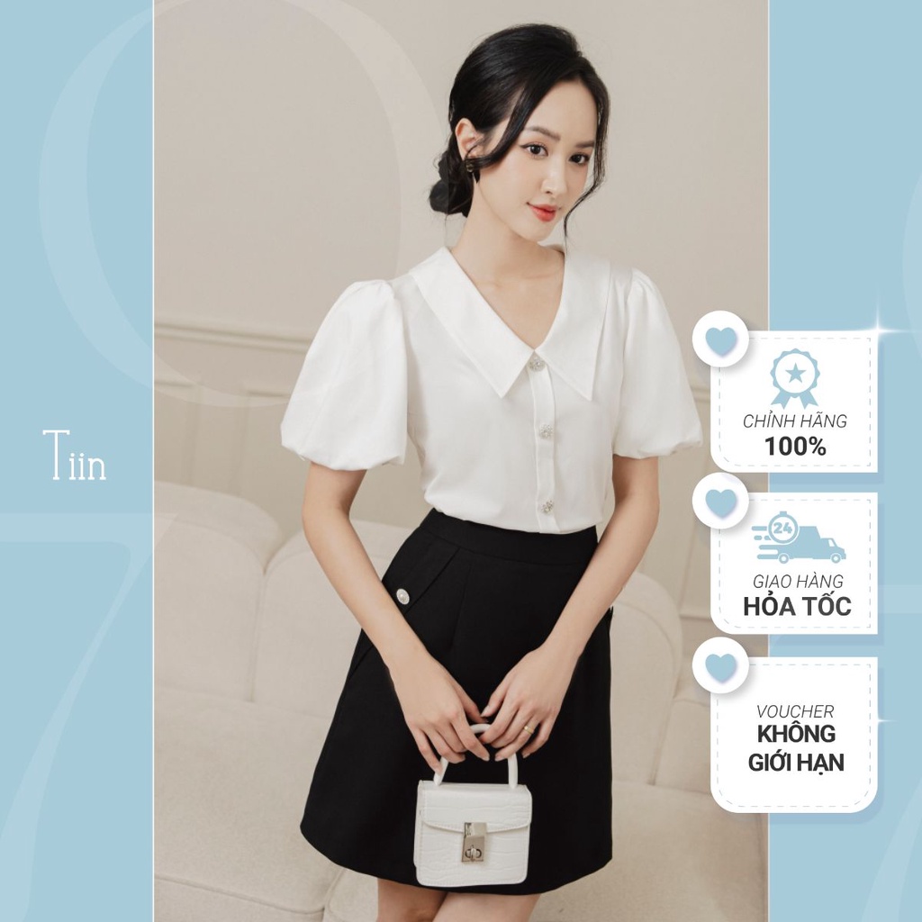 Áo sơ mi cổ sen nhọn tay bồng nẹp khuy chất thô tre Tiin Store - AHN755