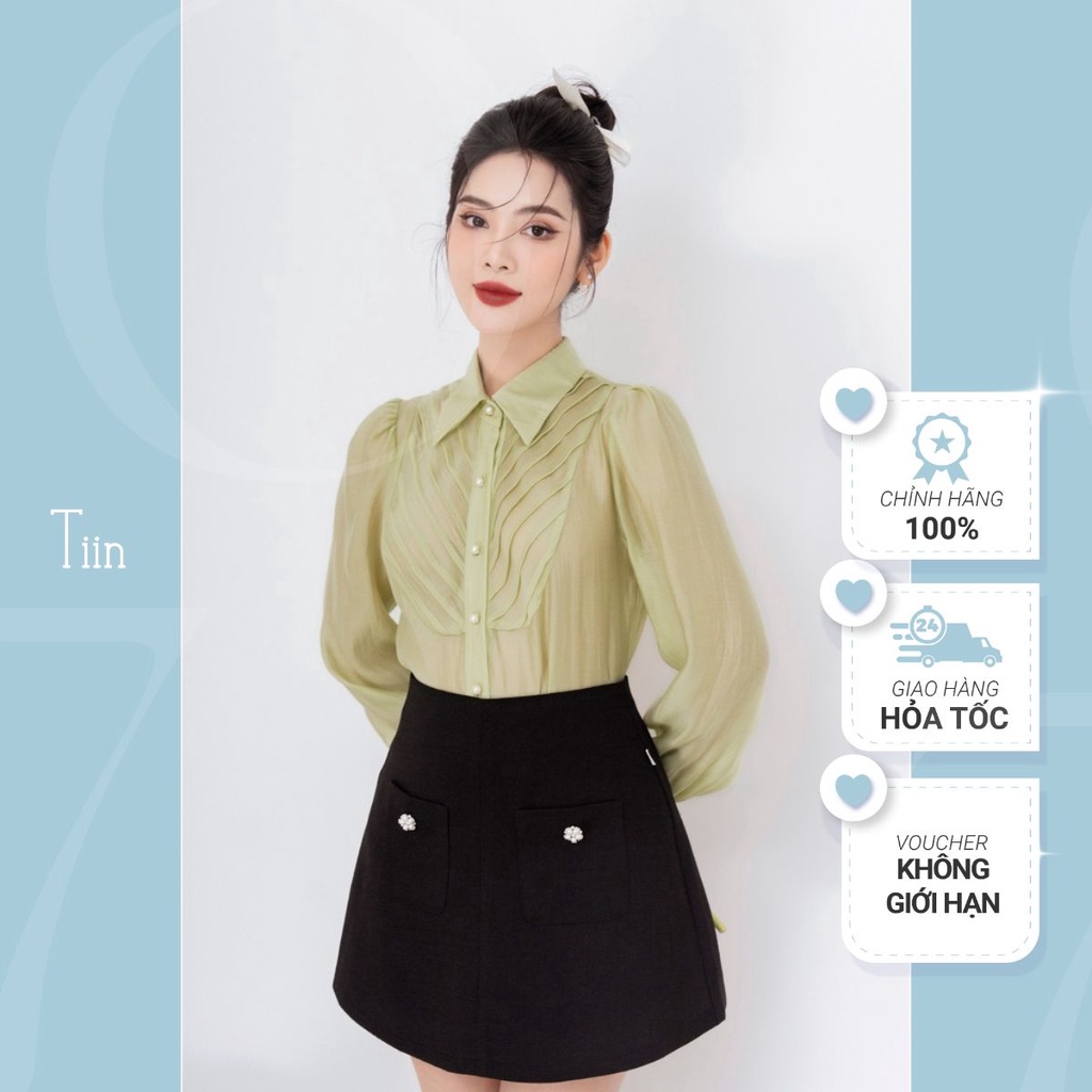 Chân váy cạp liền túi ốp đính khuy TIINSTORE CDN215