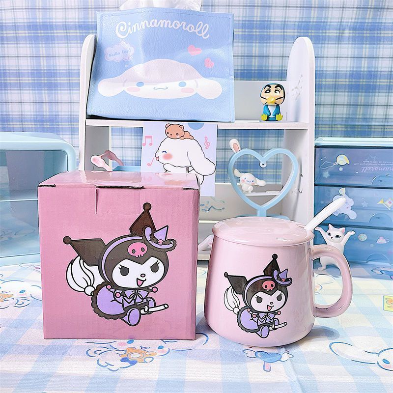 Cốc Sứ Uống Nước Có Nắp Đậy In Hoạt Hình sanrio melody kuromi cinnamon Dễ Thương Dùng Làm Quà Tặng