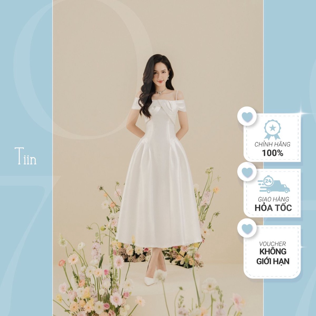 Váy trễ vai 2 dây nơ ngực chân xoè TIINSTORE VHN701