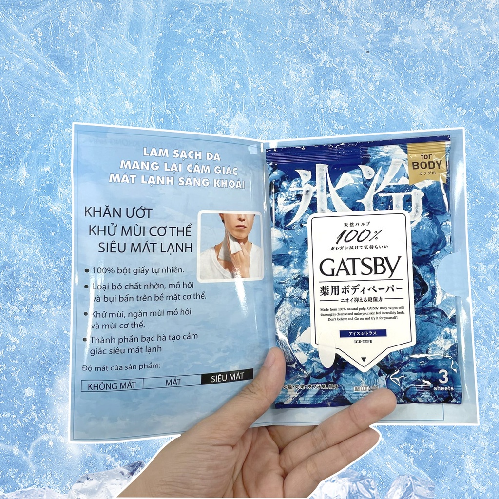 (QUÀ TẶNG KHÔNG BÁN) Khăn Ướt Khử Mùi Cơ Thể GATSBY ICE-TYPE DEODORANT BODY WIPES ICE CITRUS U Mát Lạnh 3 tờ