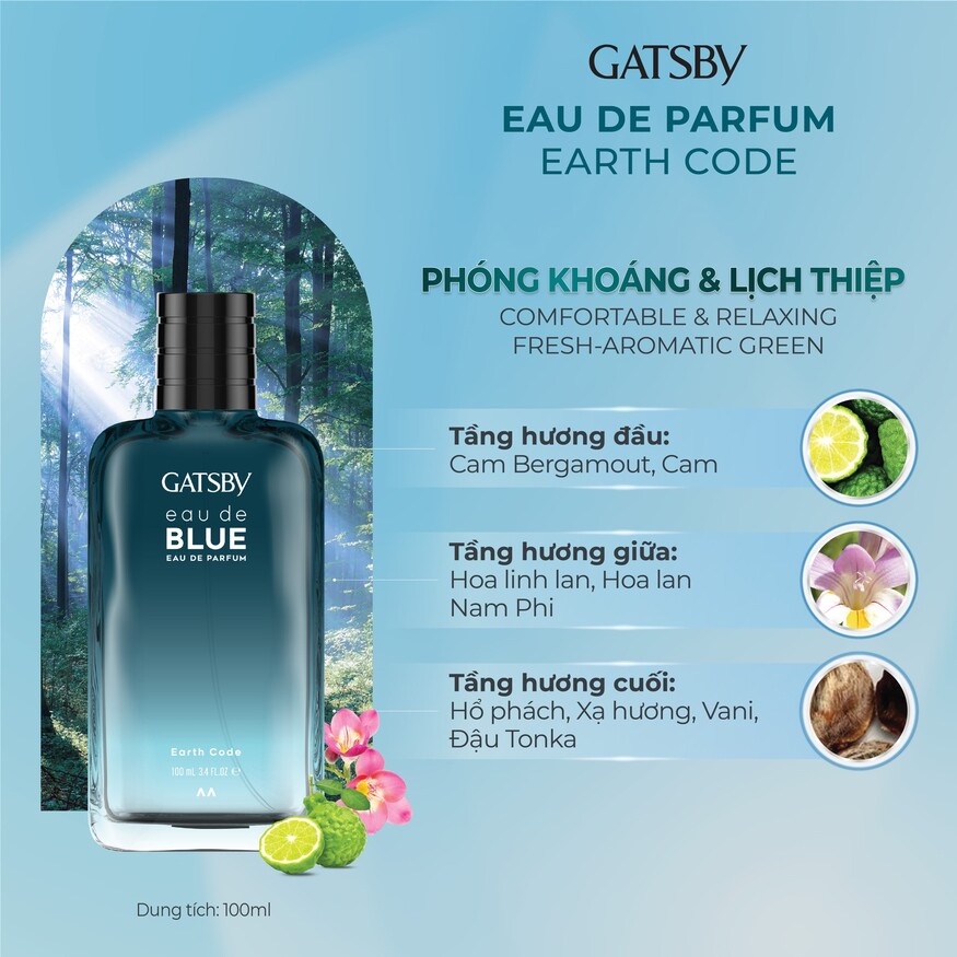 Nước hoa GATSBY EAU DE BLUE EAU DE PARFUM Earth Code 100ml Hương thảo dược phóng khoáng và lịch thiệp