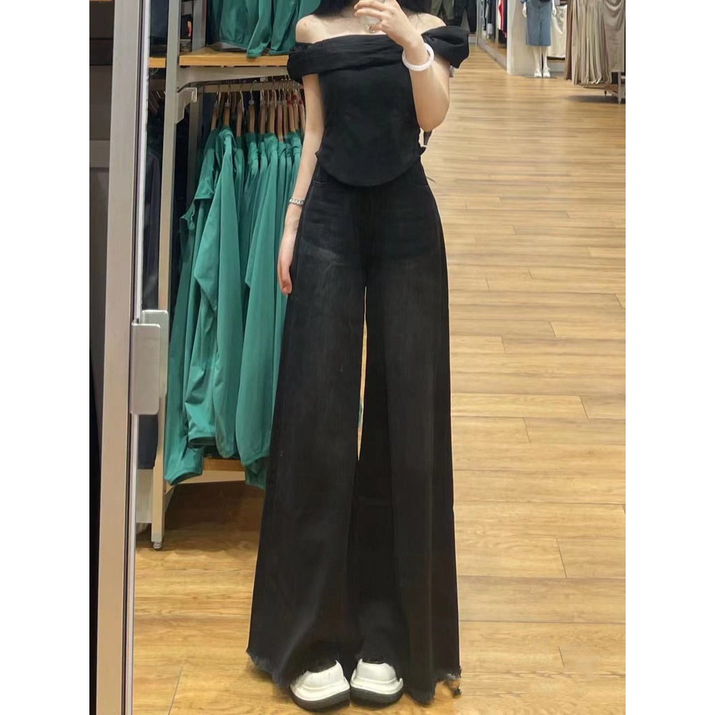 Jiashucheng Quần Jean Ống Rộng Lưng Cao Màu Đen Thời Trang Mùa Thu Cho Nữ