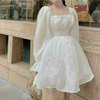 Đầm voan hở lưng thời trang nữ dài tay chân váy xòe 2 lớp cột nơ phía sau
