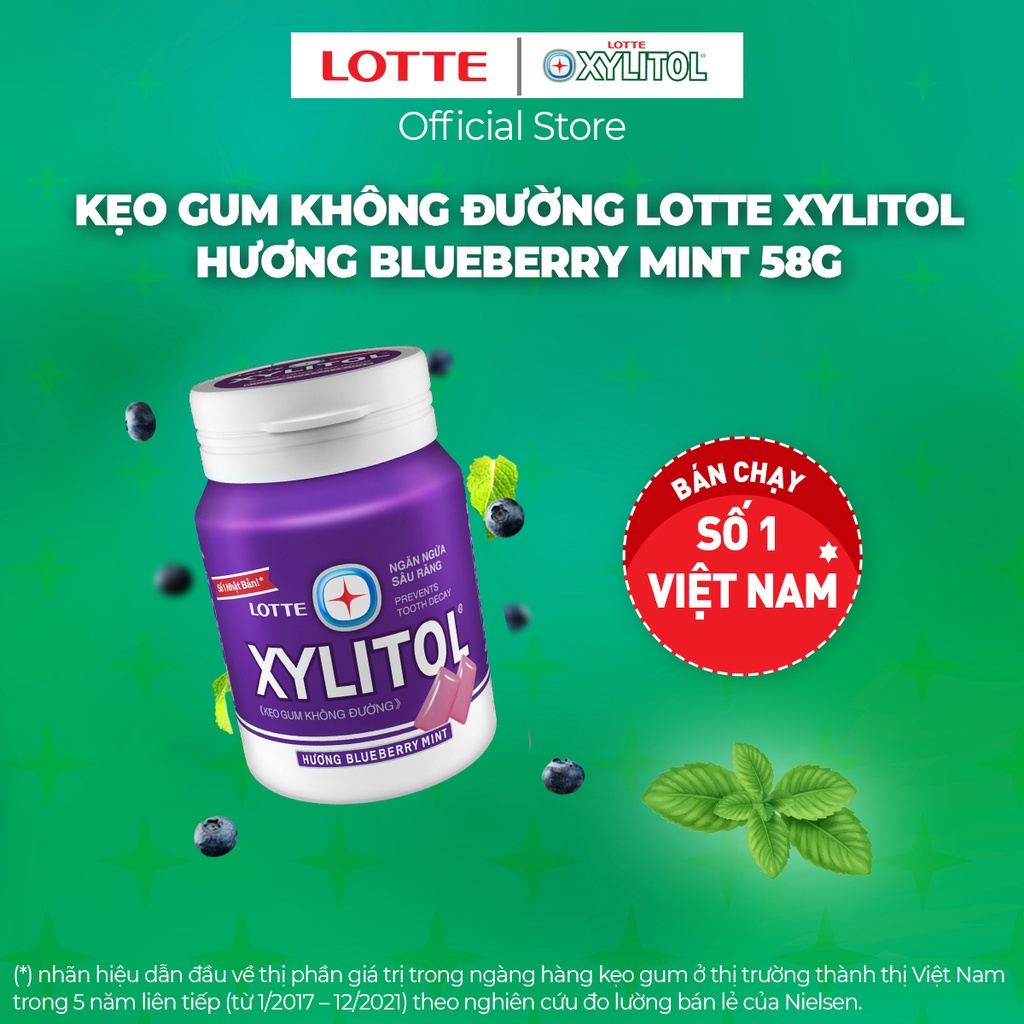 Combo 6 Kẹo Gum không đường Lotte Xylitol - Hương Blueberry Mint 55.1g/hũ