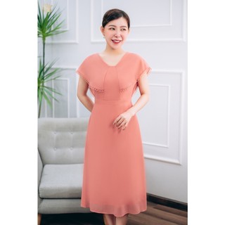 Đầm xòe thiết kế cổ V TTV1462 trung niên tay cánh tiên màu Cam sữa thời trang trẻ trung