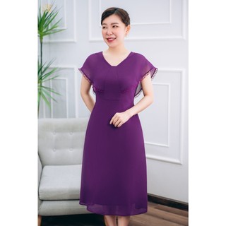 Đầm xòe trung niên cổ v tay cánh tiên màu tím cẩm - ttv1462
