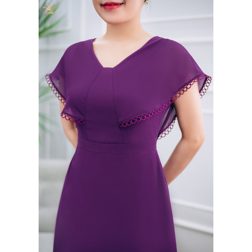 Đầm xòe trung niên cổ V tay cánh tiên màu Tím cẩm - TTV1462