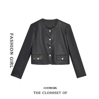 Áo khoác da dáng croptop Jinoz Local Brand màu đen kiểu dáng basic chất liệu da Pu NewArrival 2023