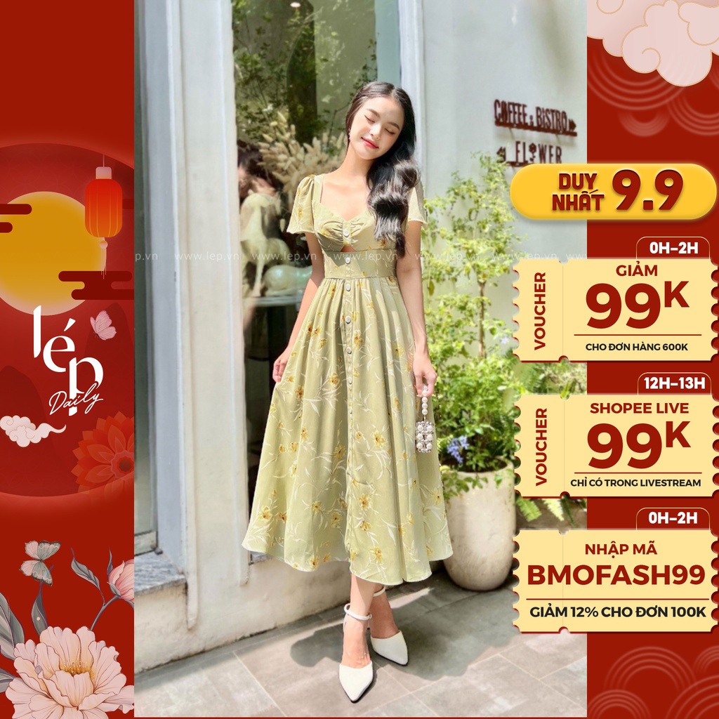 Váy hoa cổ vuông hở bụng Lep' 1VA02050XL