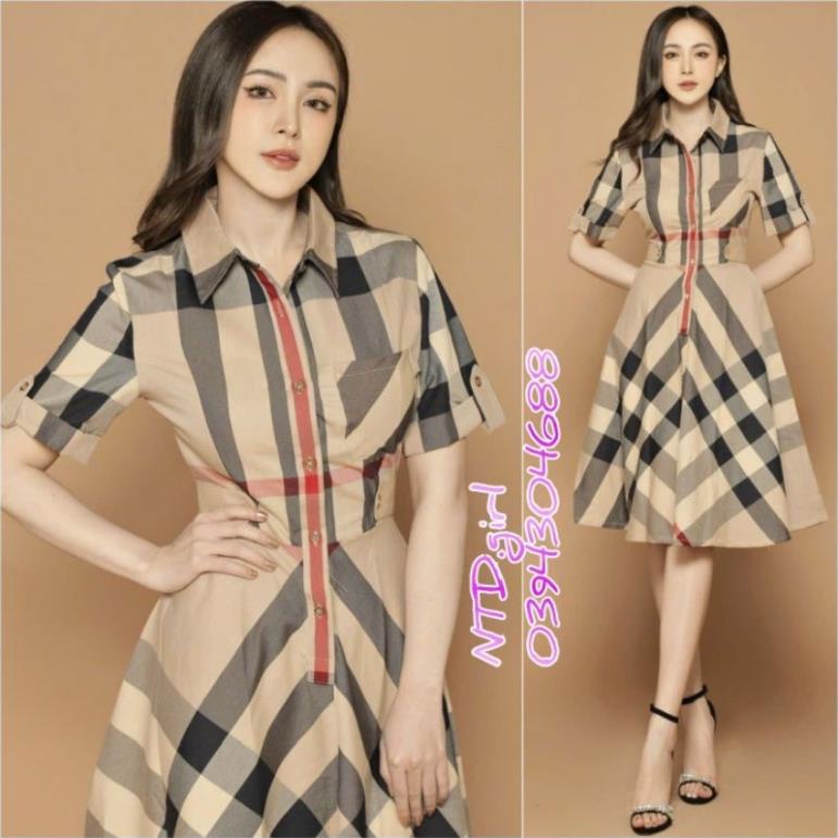 Hàng nhập - Đầm dáng xòe cổ sơ mi kẻ BBR, váy xòe dạo phố hay công sở đều xinh xắn thanh lịch