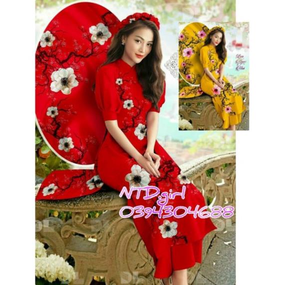 Thiết kế - Set bộ áo dài cách tân lụa tuyết in hoa đào lớn, sét áo dài truyền thống tay búp