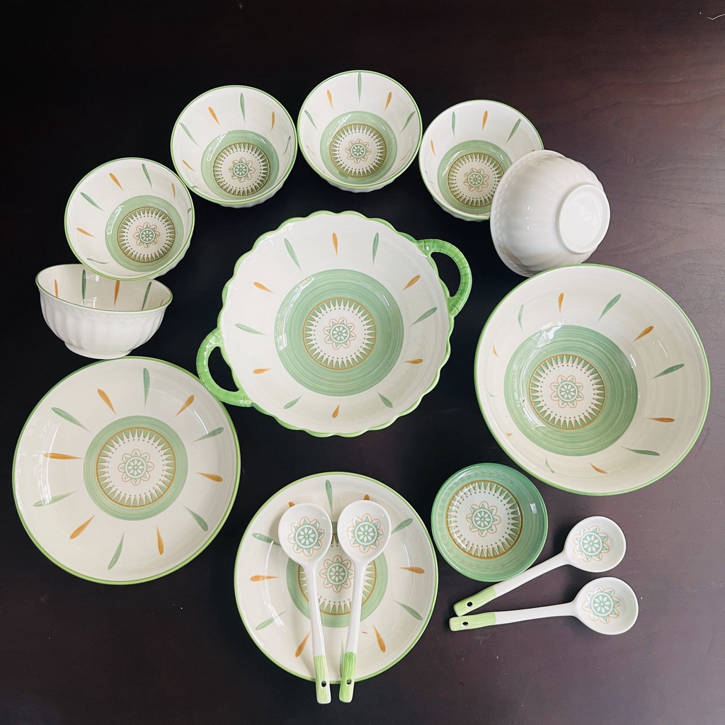 Bát ăn cơm, Chén dĩa dễ thương, Bộ bát đĩa sứ decor hoạ tiết thổ cẩm xanh siêu đẹp men bóng mướt, hoa văn sắc nét