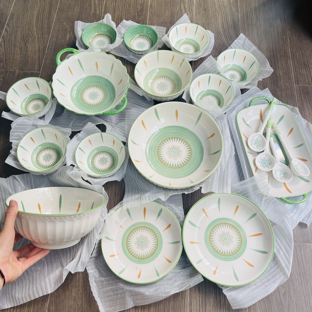Bát ăn cơm, Chén dĩa dễ thương, Bộ bát đĩa sứ decor hoạ tiết thổ cẩm xanh siêu đẹp men bóng mướt, hoa văn sắc nét