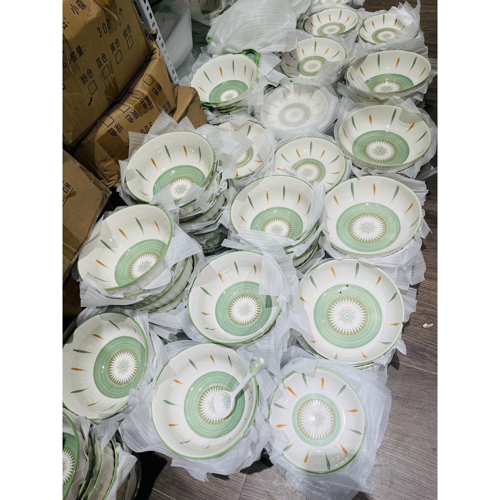 Bát ăn cơm, Chén dĩa dễ thương, Bộ bát đĩa sứ decor hoạ tiết thổ cẩm xanh siêu đẹp men bóng mướt, hoa văn sắc nét