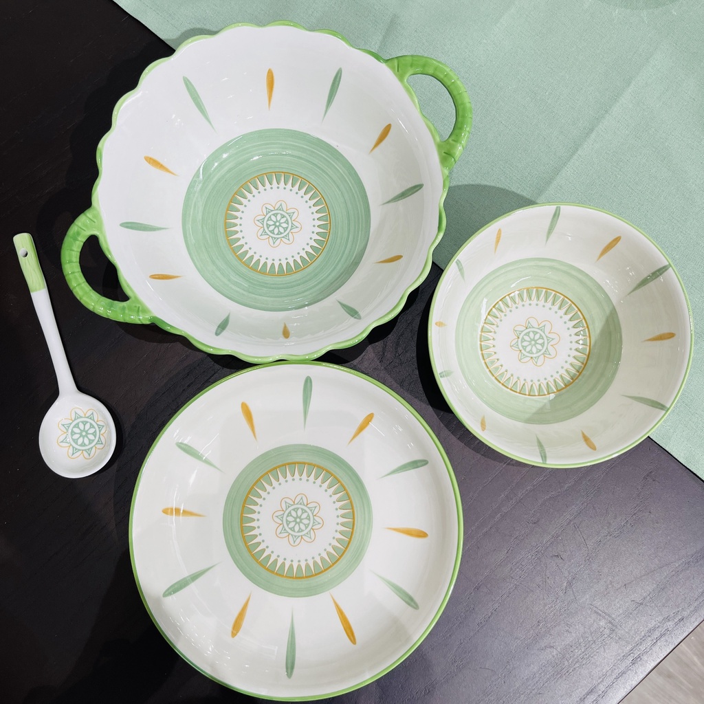 Bát ăn cơm, Chén dĩa dễ thương, Bộ bát đĩa sứ decor hoạ tiết thổ cẩm xanh siêu đẹp men bóng mướt, hoa văn sắc nét