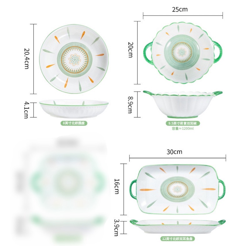 Bát ăn cơm, Chén dĩa dễ thương, Bộ bát đĩa sứ decor hoạ tiết thổ cẩm xanh siêu đẹp men bóng mướt, hoa văn sắc nét