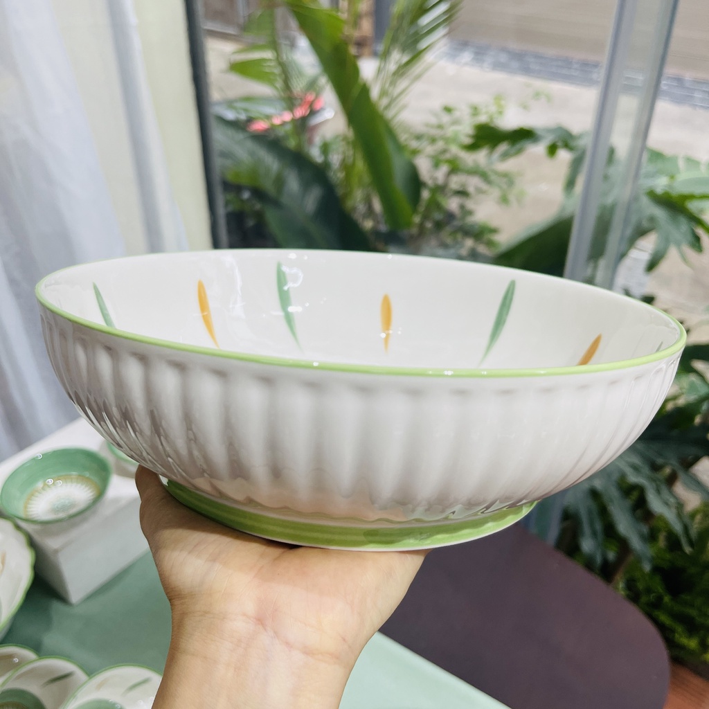 Bát ăn cơm, Chén dĩa dễ thương, Bộ bát đĩa sứ decor hoạ tiết thổ cẩm xanh siêu đẹp men bóng mướt, hoa văn sắc nét