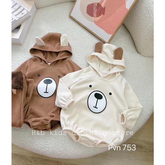 Body nỉ bông có mũ tai gấu kèm quần tất cực yêu cho bé trai, bé gái