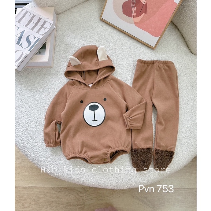 Body nỉ bông có mũ tai gấu kèm quần tất cực yêu cho bé trai, bé gái