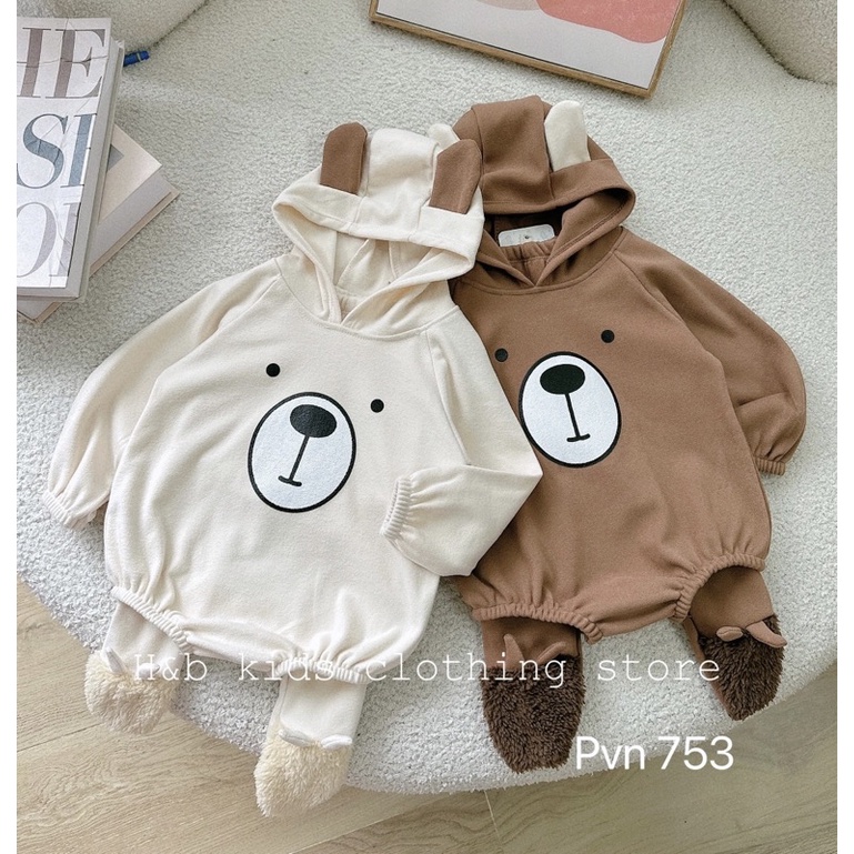 Body nỉ bông có mũ tai gấu kèm quần tất cực yêu cho bé trai, bé gái