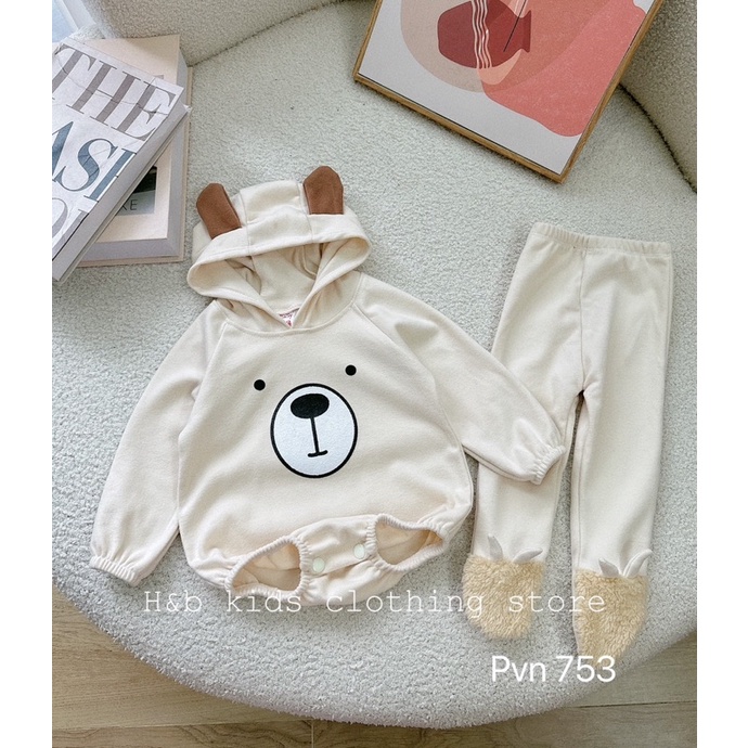Body nỉ bông có mũ tai gấu kèm quần tất cực yêu cho bé trai, bé gái