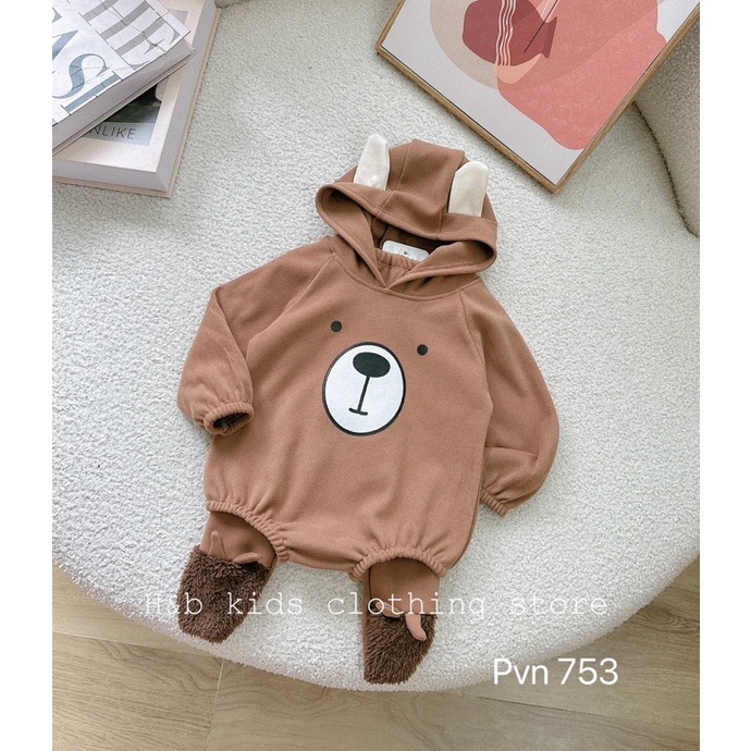 Body nỉ bông có mũ tai gấu kèm quần tất cực yêu cho bé trai, bé gái