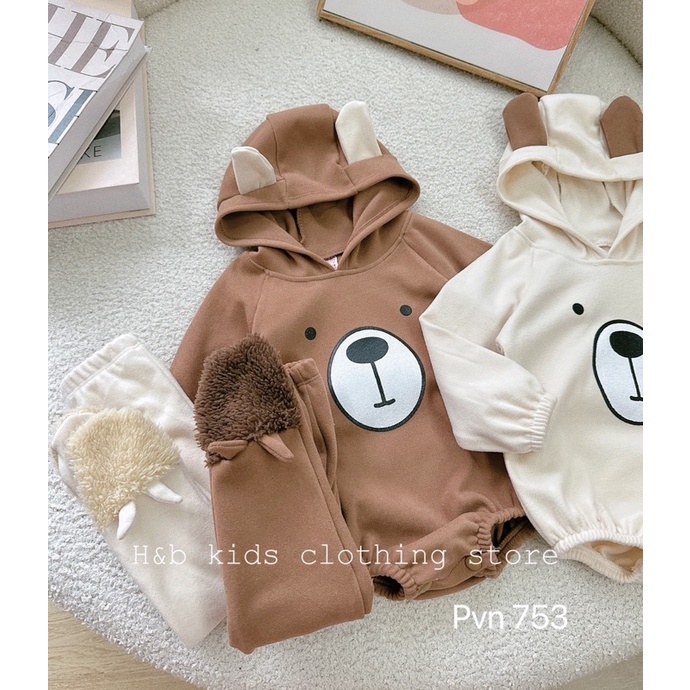 Body nỉ bông có mũ tai gấu kèm quần tất cực yêu cho bé trai, bé gái