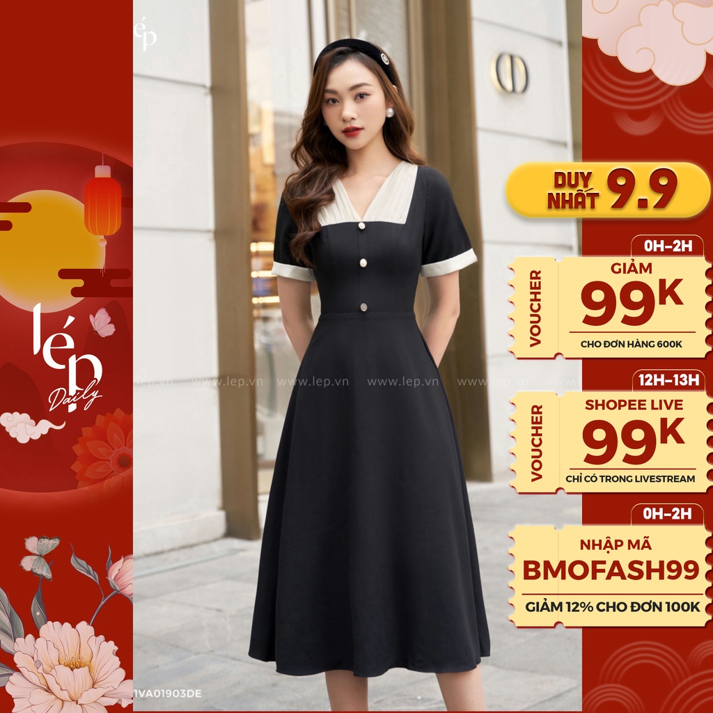 Váy đen trơn cổ V dáng xoè midi chiết eo tôn dáng Lep' 1VA01903DE