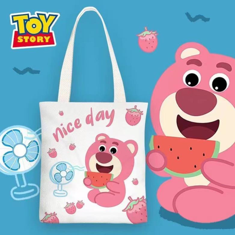 Túi tote vải nữ, túi canvas in hoạt hình, gấu dâu tây dễ thương